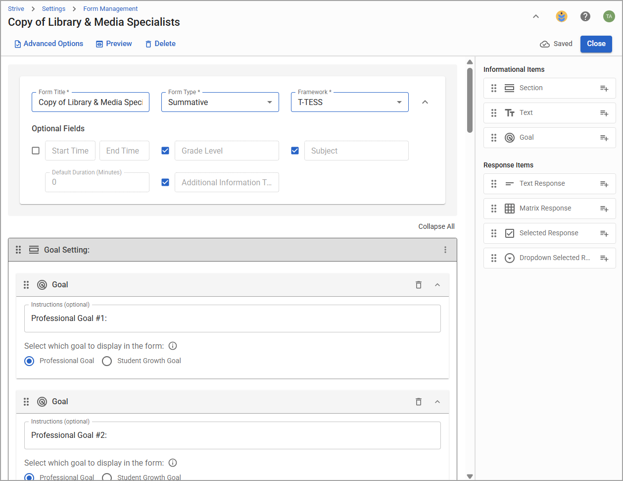 Form management interface for Library and Media Specialists with goal setting options.